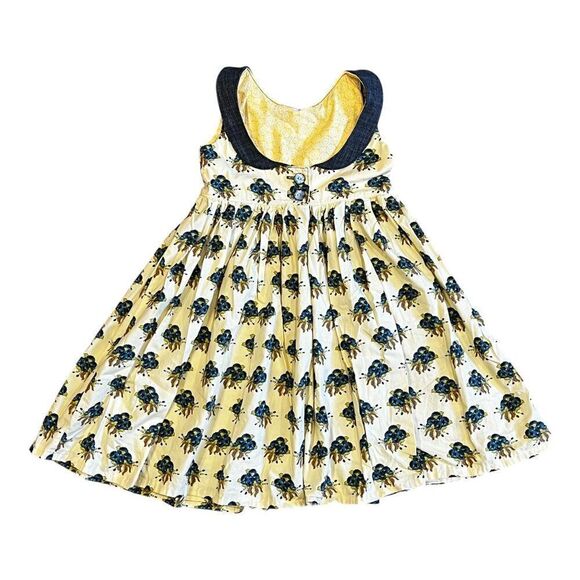 Girls Yellow Dress with Blueberry Print Pan Collar Retro Vintage Design Dress - Picture 3 of 3